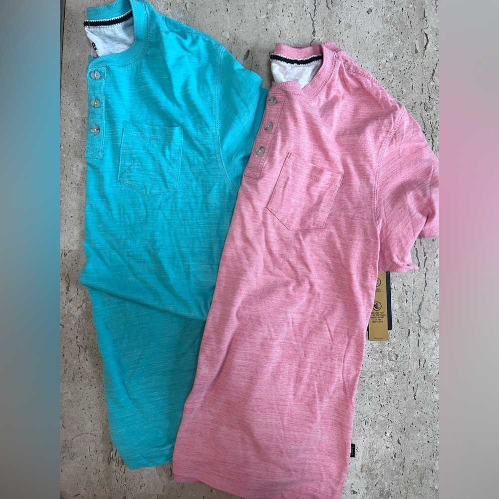 Lee 2 Pk Mens Henley Cotton Blend Tee Shirts Nantucket Red and Palm Teal Large